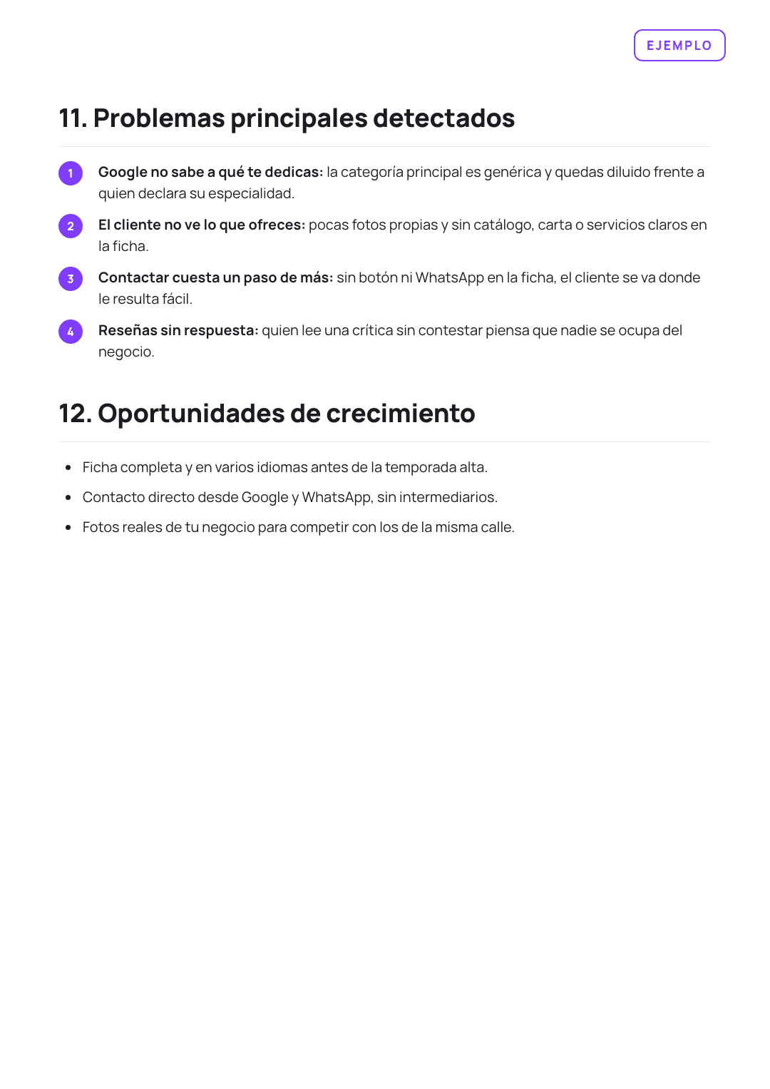 Página de ejemplo de la auditoría de presencia digital: 11 · Problemas y oportunidades