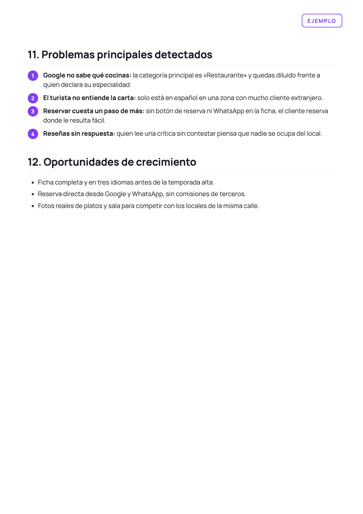 Página de ejemplo de la auditoría de presencia digital: 11 · Problemas y oportunidades