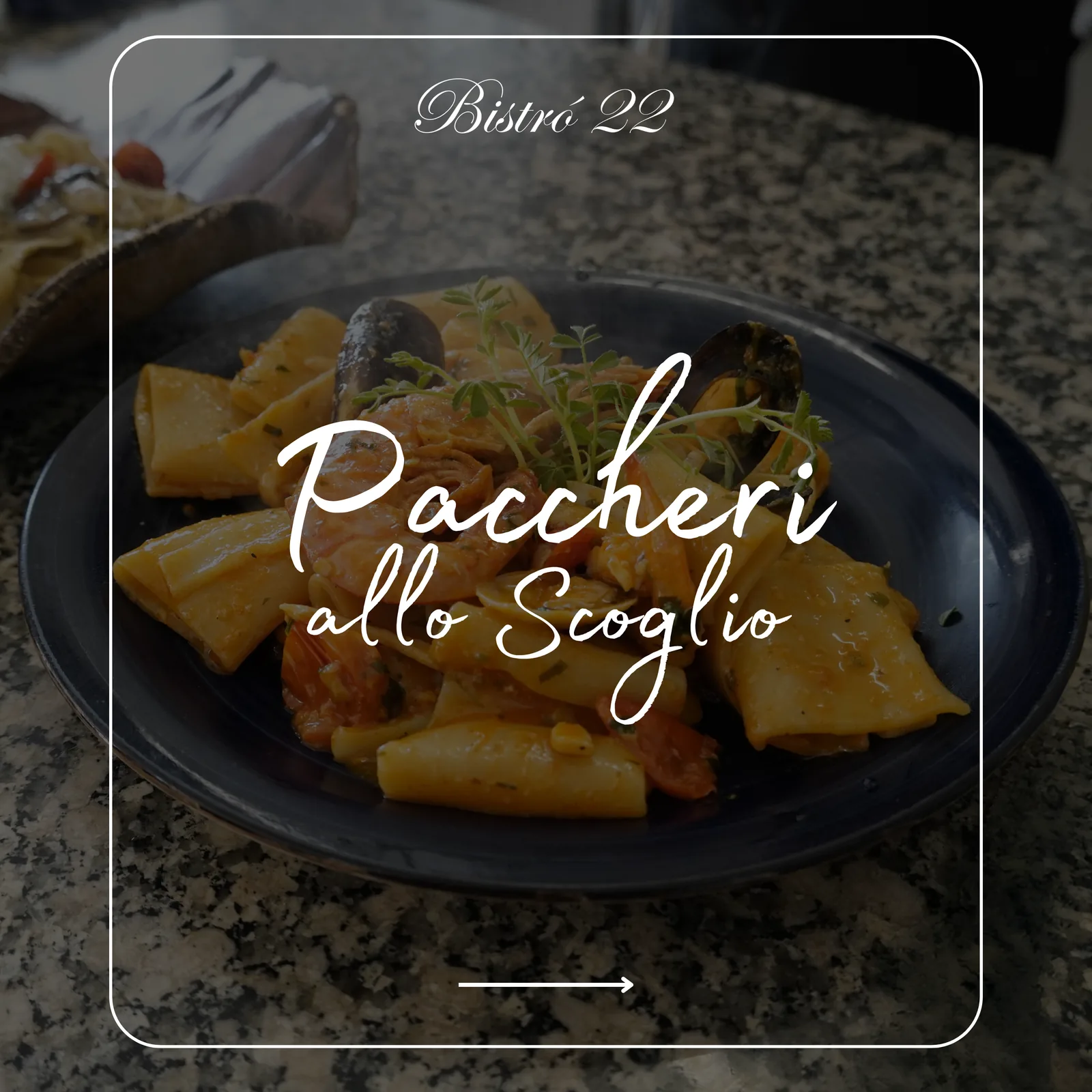 Social post for the Paccheri allo Scoglio, with hand-lettered dish name