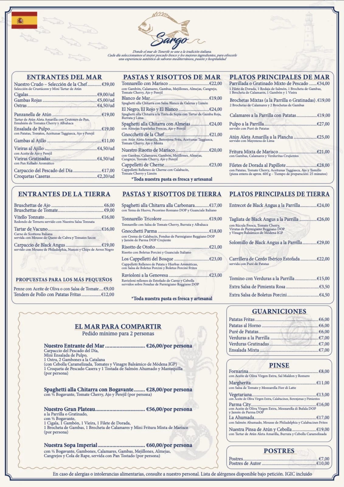 Sargo’s 2026 menu, Spanish edition, one of the five laid out